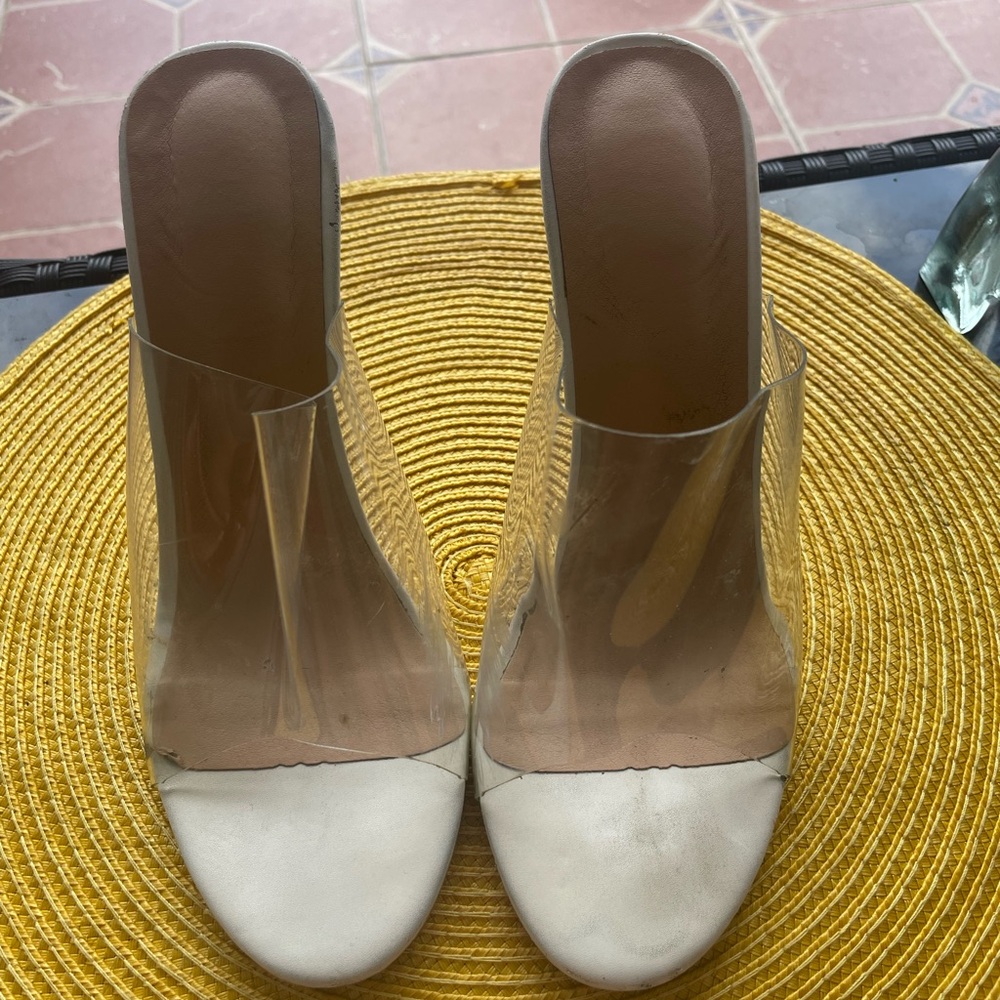 Cream High Heel Mule Sandals with Clear Straps - Picture 2 of 3